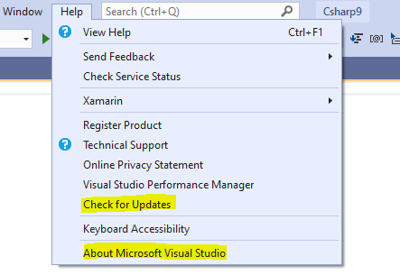 The unfolded help menu in Visual Studio