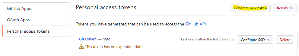 The personal access token view in Github