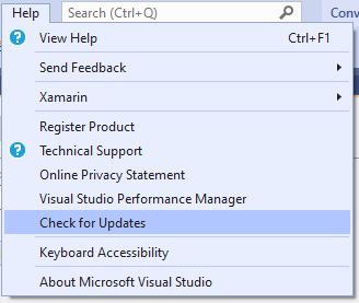 Where to find 'Check for updates' in Visual Studio 2019
