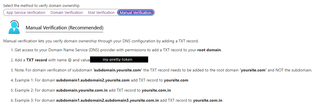 The manual domain verification domain tab in the Azure portal
