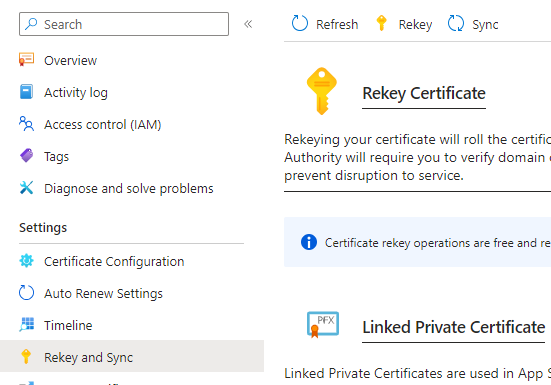 The rekey and sync view in the Azure portal