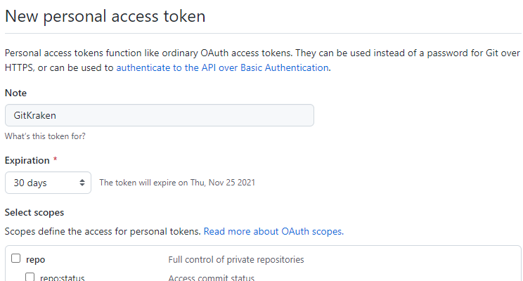 The token generation view in Github