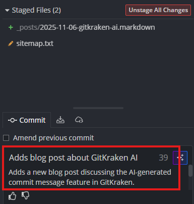 An overview of the stage and commit section in the GitKraken desktop client. The commit message is highlighted