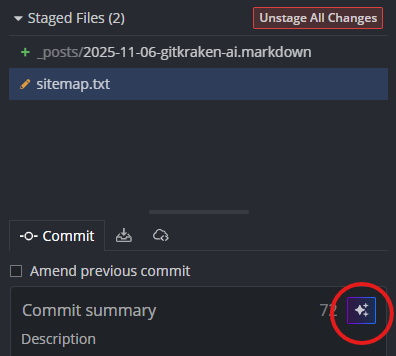 An overview of the stage and commit section in the GitKraken desktop client. A specific button is highlighted