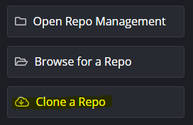 Three buttons in the GitKraken client. They are labeled Open repo management, Browse for a repo and Clone a repo