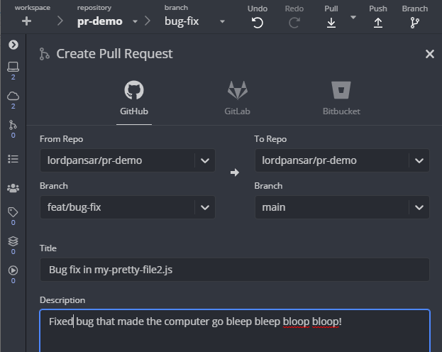 The pull review creation view in GitKraken