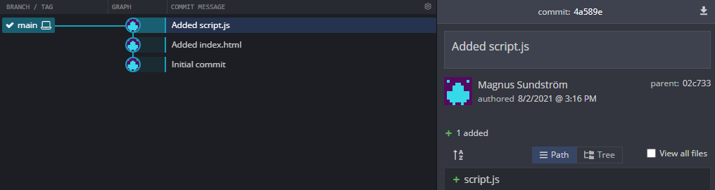 A commit history view in GitKraken after a hard reset has been made