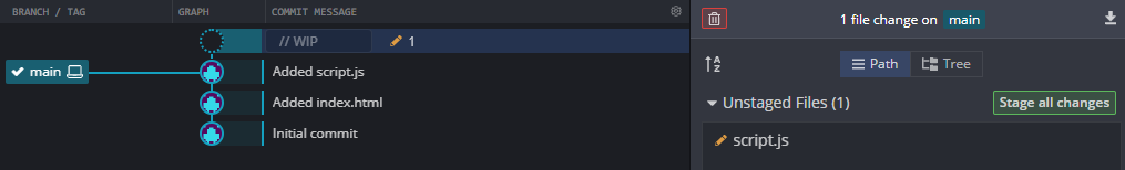 A commit history view in GitKraken after a mixed reset has been made