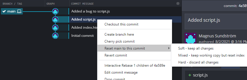 The right click menu in GitKraken