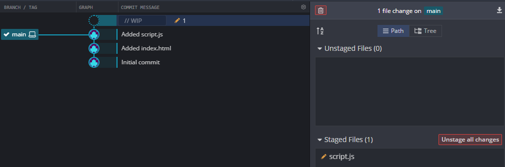 A commit history view in GitKraken after a soft reset has been made