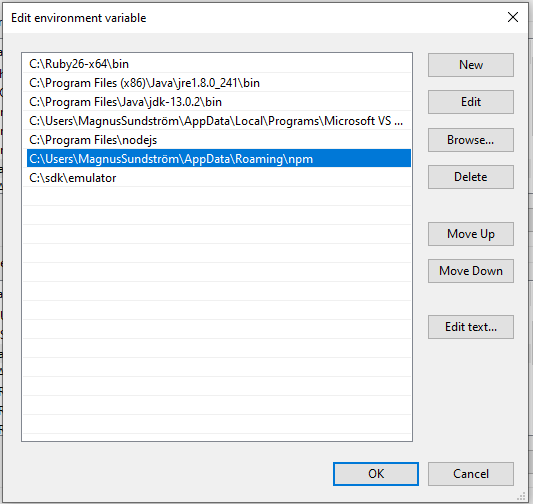 Edit environment variables window