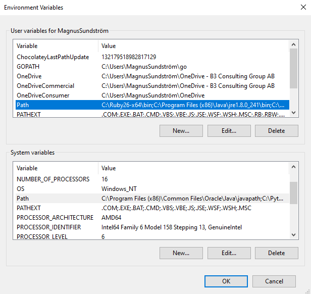 Environment variables window