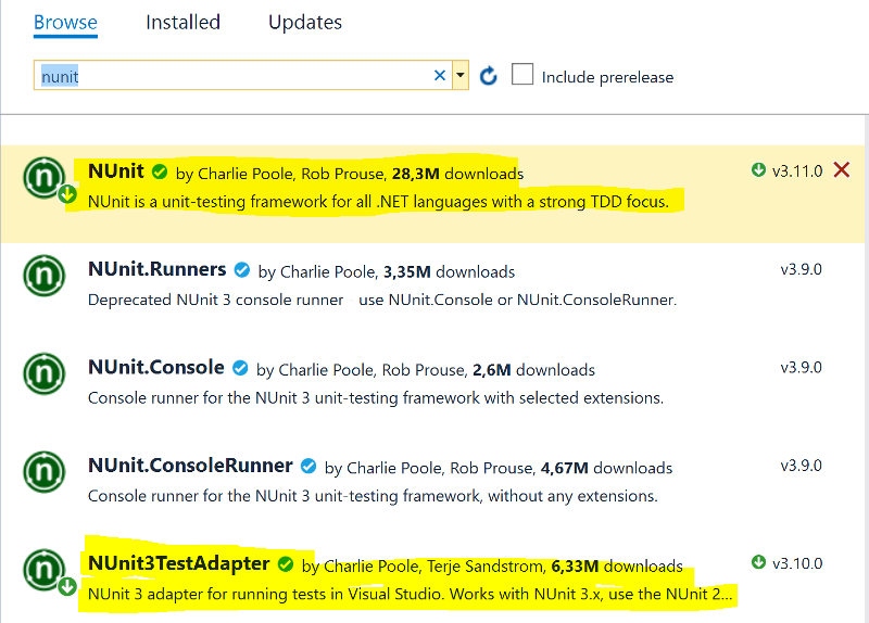 NUnit nugets