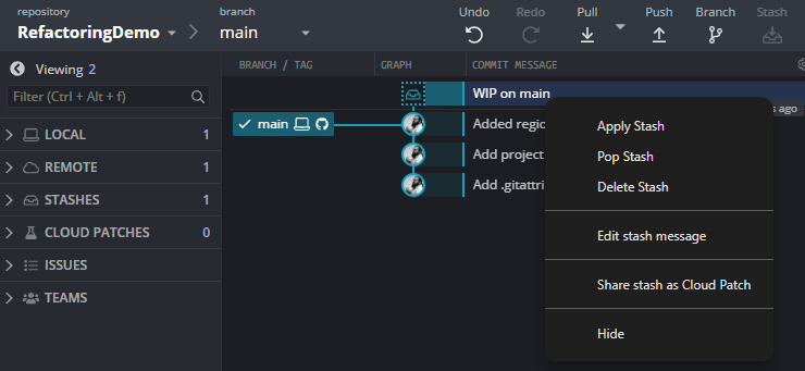 GitKraken GUI with a red circle around the stash button