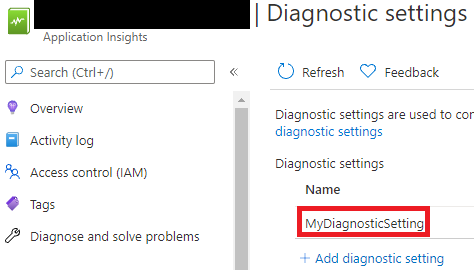 The diagnostic settings view in Azure