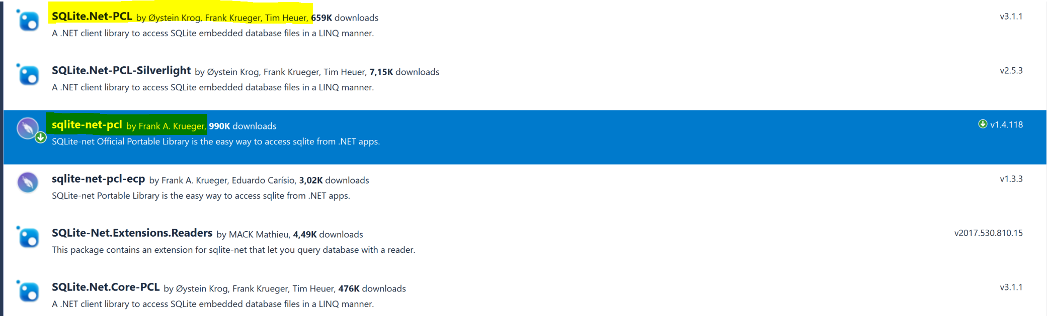 List of nuget packages